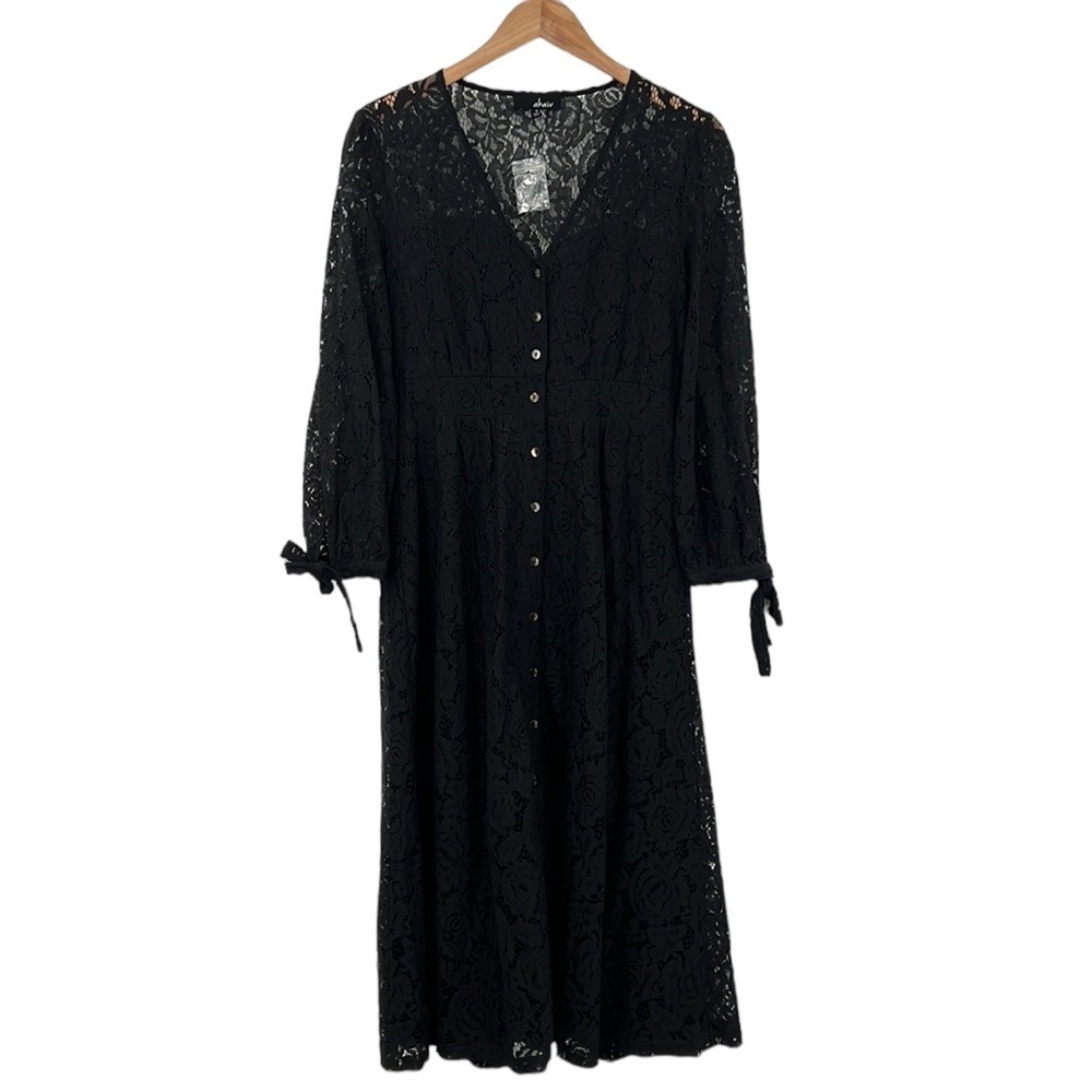 Akaiv Dress Womens Medium Black Floral Lace Button Front Tie Sleeve Midi Goth‎